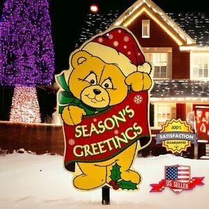 90's VINTAGE 26.75” Christmas Holiday Teddy Bear Plastic Yard Sign Outdoor Decor